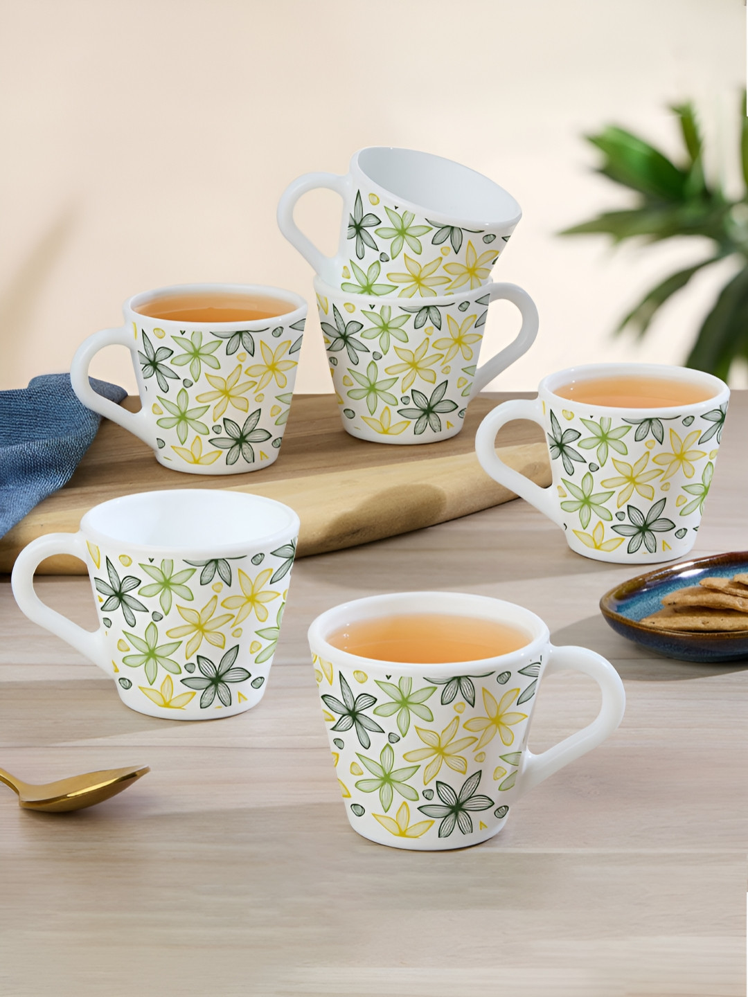 

Larah by BOROSIL White & Green Floral Printed Opalware Matte Mugs Set of Cups and Mugs