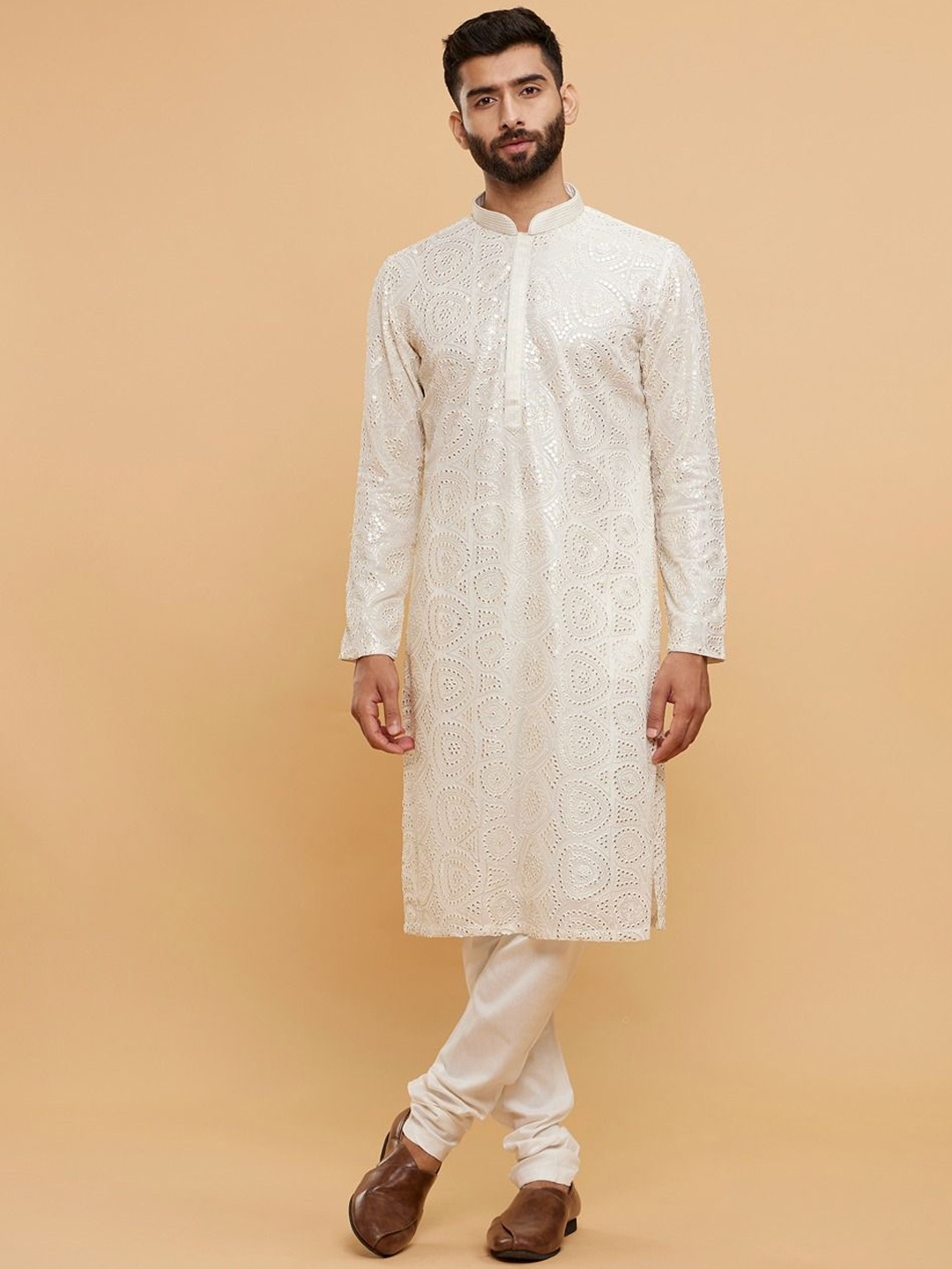 

Twamev Men Embroidered Regular Mirror Work Kurta with Churidar, Cream