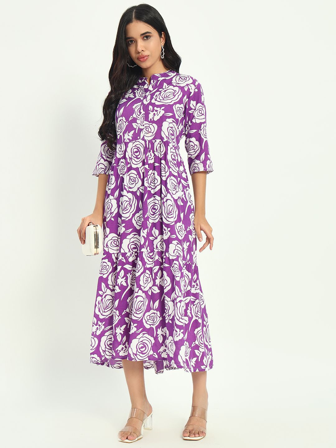 

ASHRU Floral Printed Mandarin Collar Neck Flared Dress, Violet