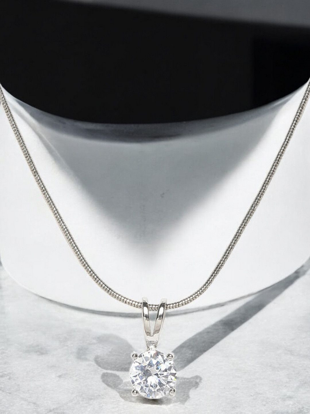 

DressBerry Silver Tone Round Cubic Zirconia Office-Wear Pendant Necklace