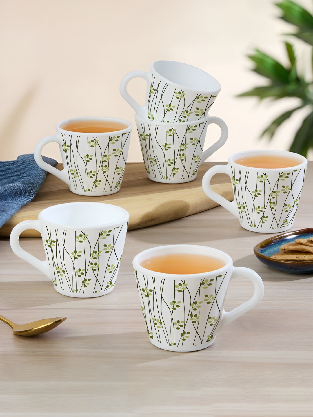 

Larah by BOROSIL White & Green Printed Opalware Matte Mugs Set of Cups and Mugs