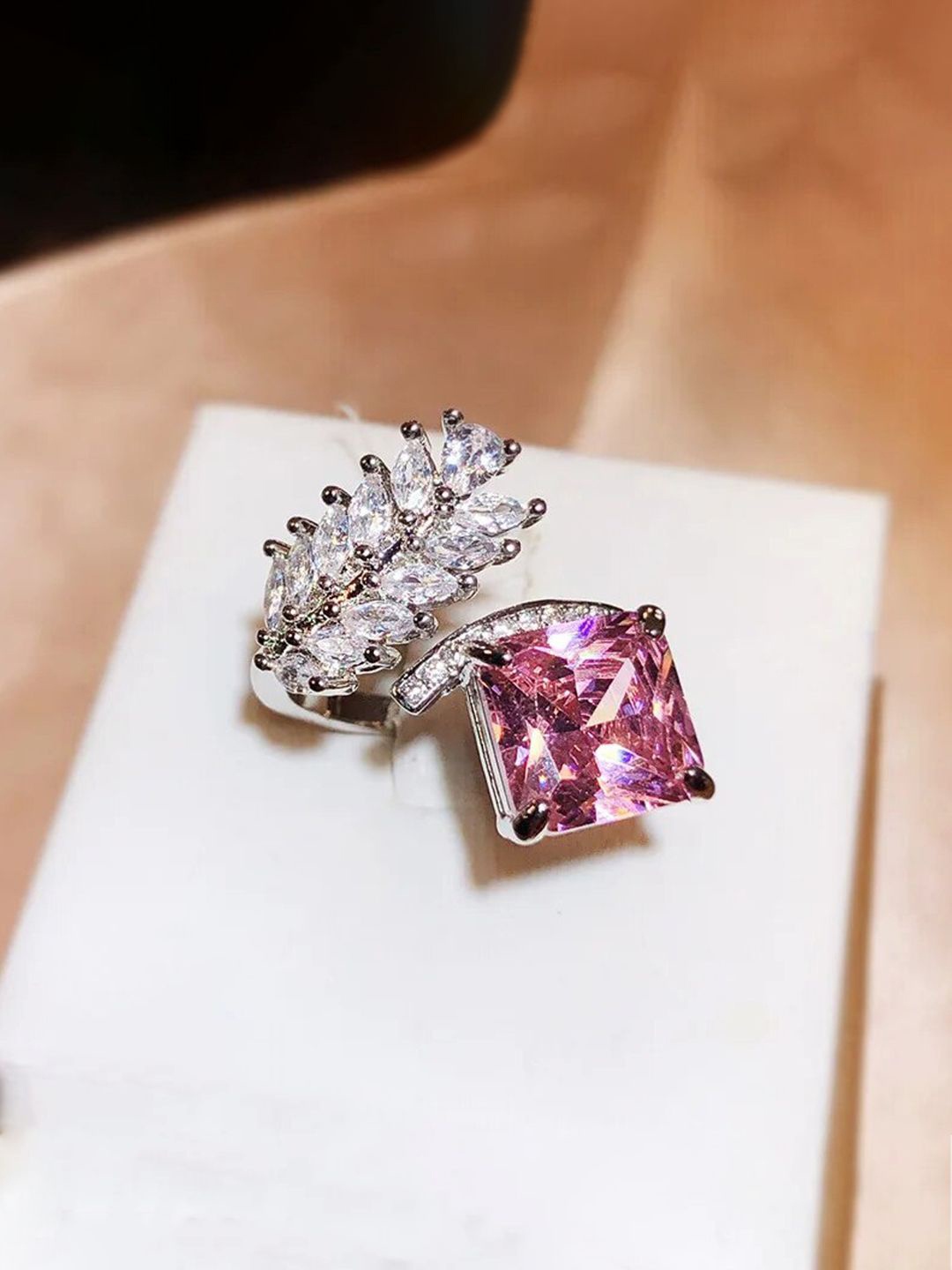 

Designs & You Silver-Plated Cubic Zirconia-Studded Adjustable Finger Ring