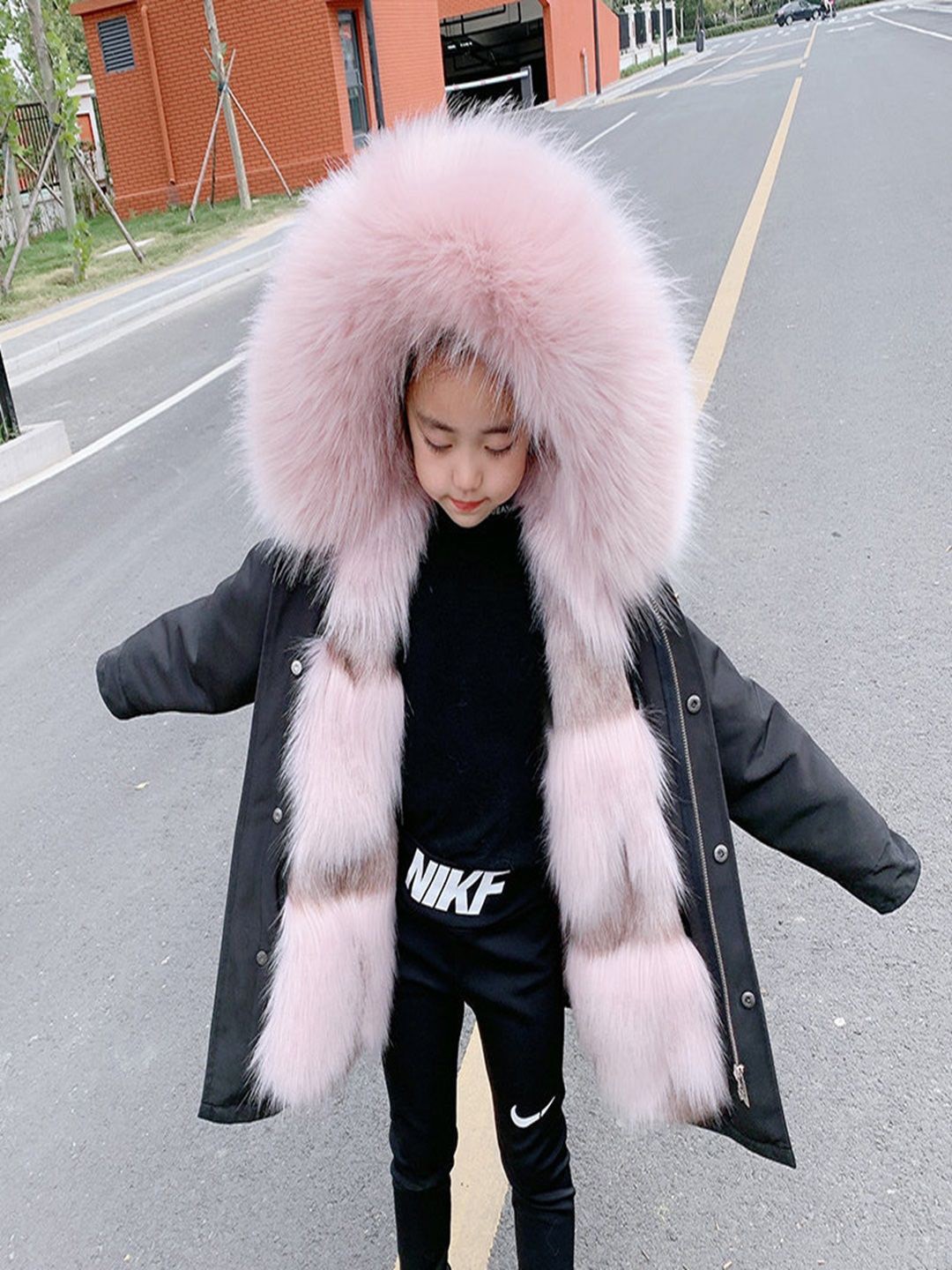 

Xsole Kids Single Breasted Self Design Hooded Fur Overcoat, Black