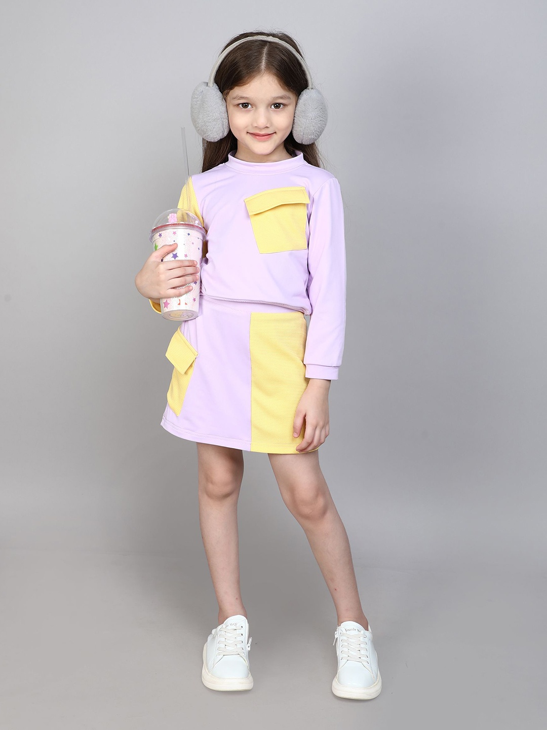 

taffykids Girls Colourblocked Top with Skirt, Purple