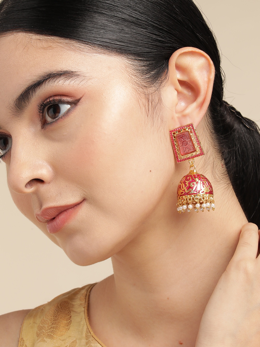 

Anouk Gold Plated Beaded Geometric Meenakari Jhumkas Earrings, Pink
