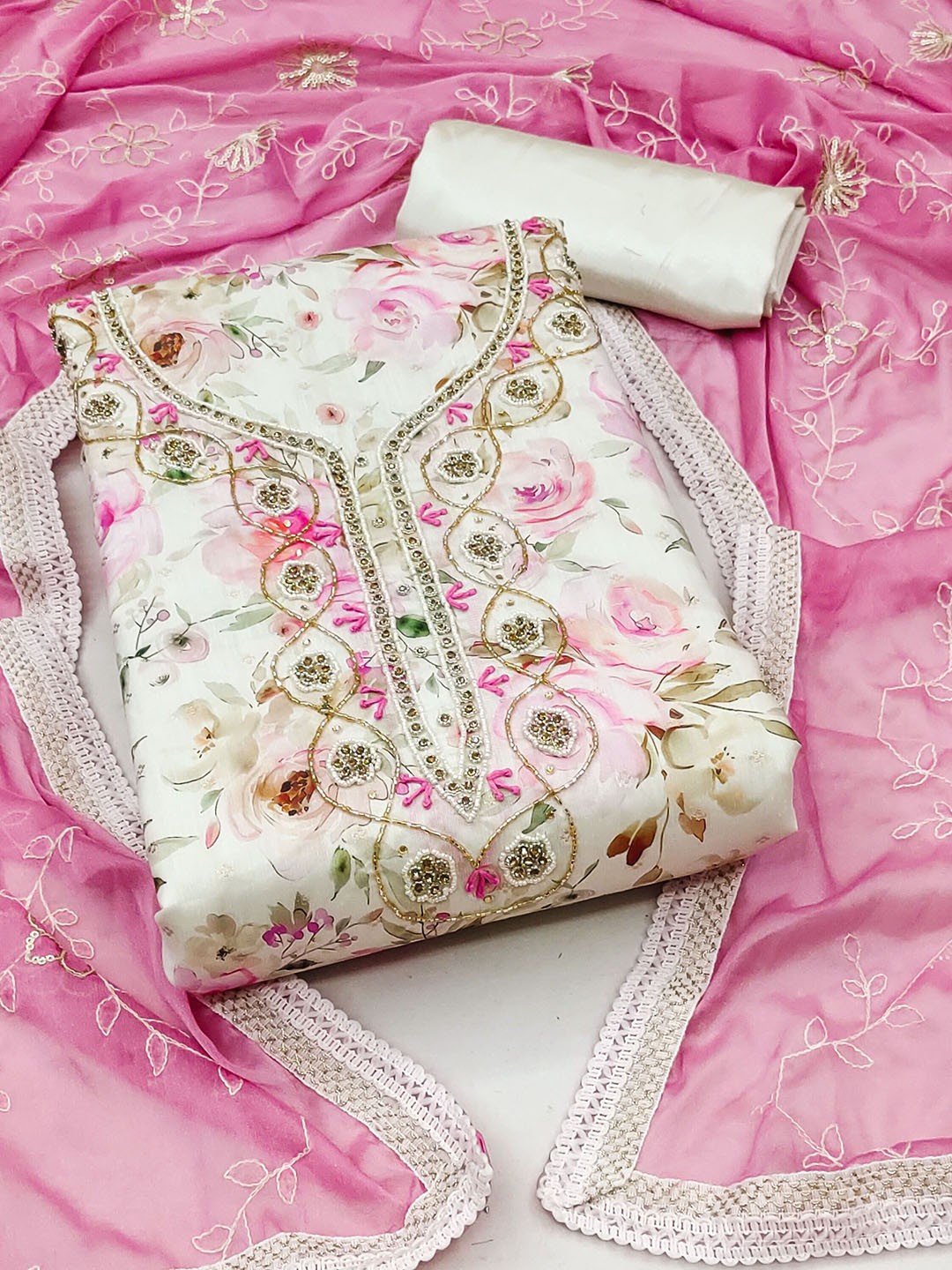 

Maroosh Embellished Unstitched Dress Material, Pink