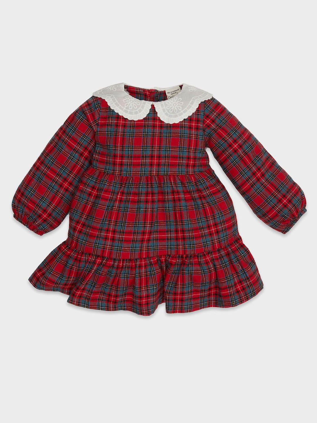 

DeFacto Girls Checked Peter Pan Collar Puff Sleeve Fit & Flare Dress, Red