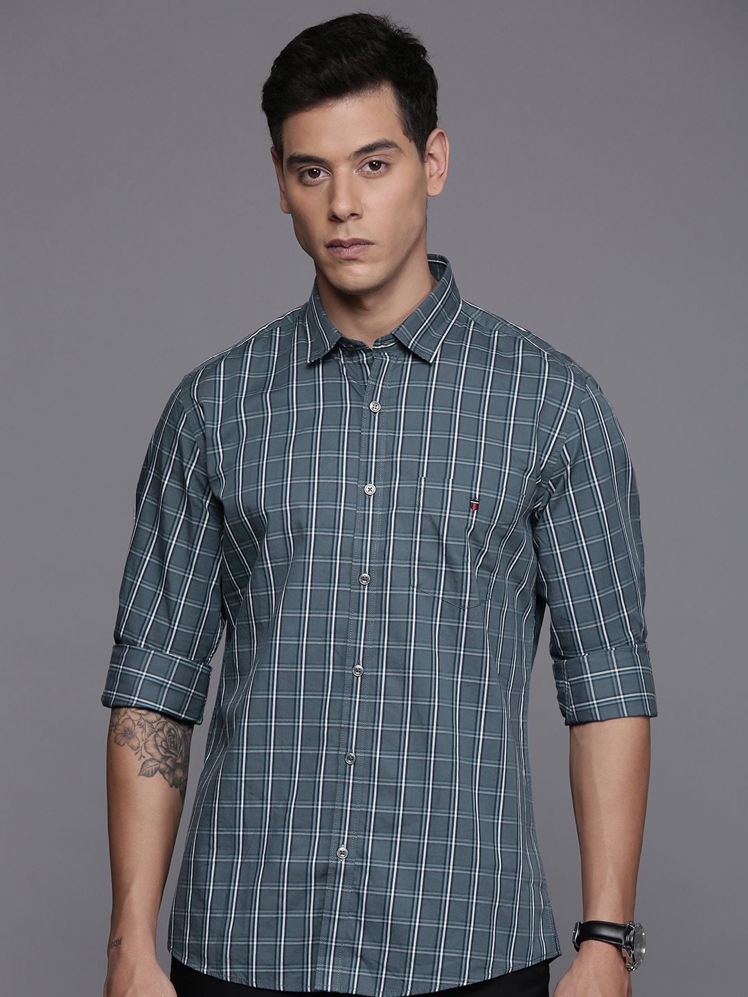 

Louis Philippe Sport Slim Fit Checks Pure Cotton Shirt, Grey