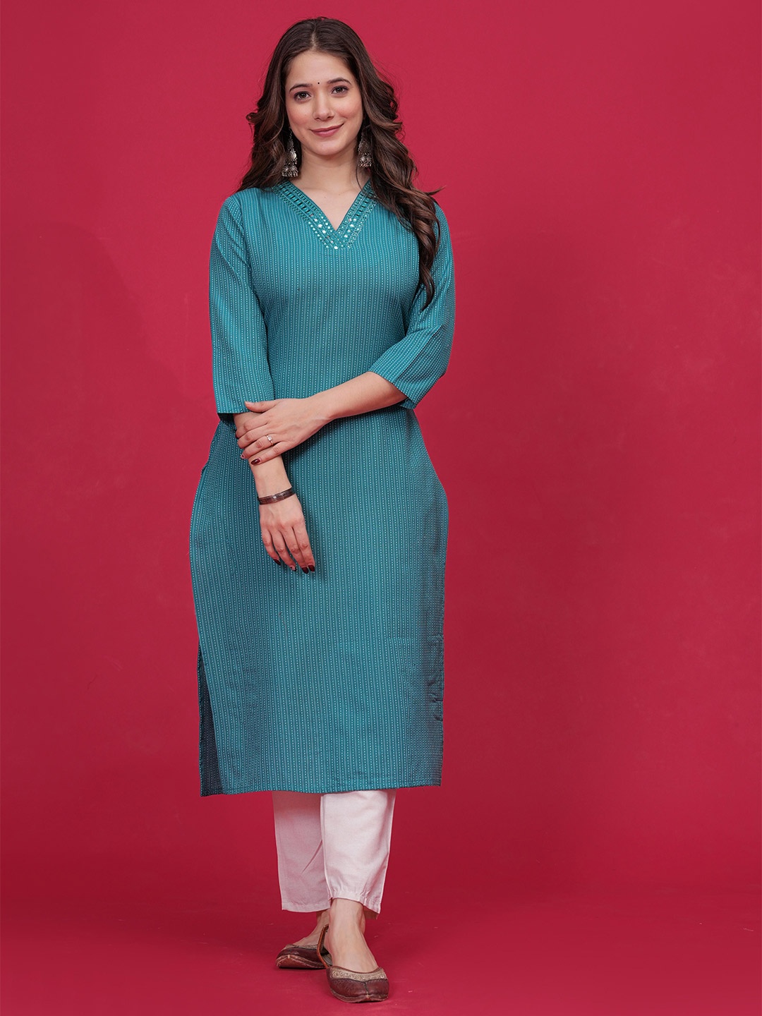 

DIZON Embroidered Mirror Work Cotton Straight Kurta, Green