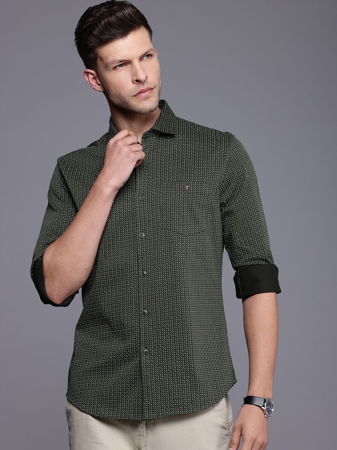 

Louis Philippe Sport Pure Cotton Smart Fit Opaque Printed Casual Shirt, Olive