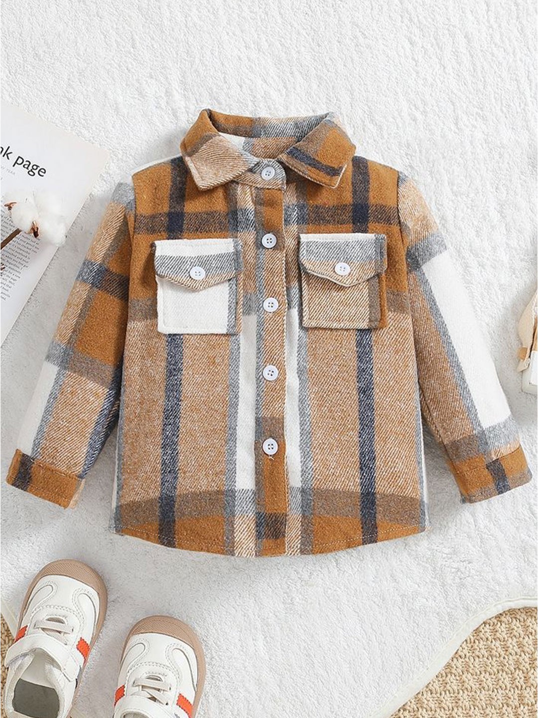 

LULU & SKY Girls Buffalo Checks Opaque Checked Shaket, Brown