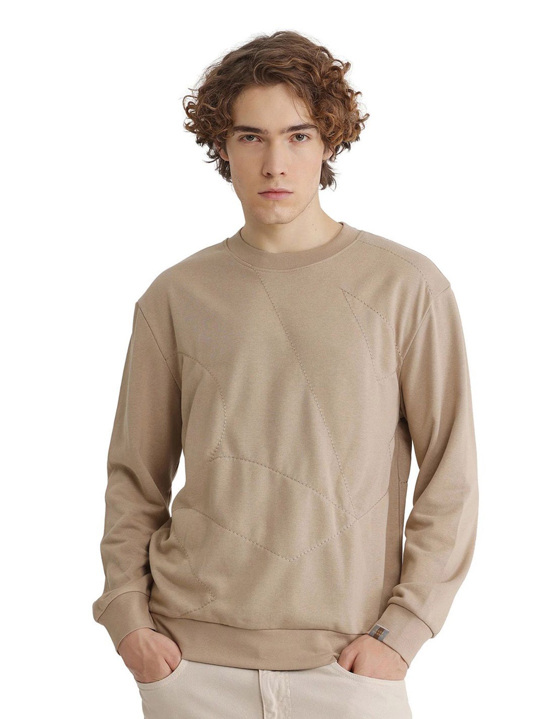 

RARE RABBIT Men Round Neck Cotton Sweatshirt, Beige