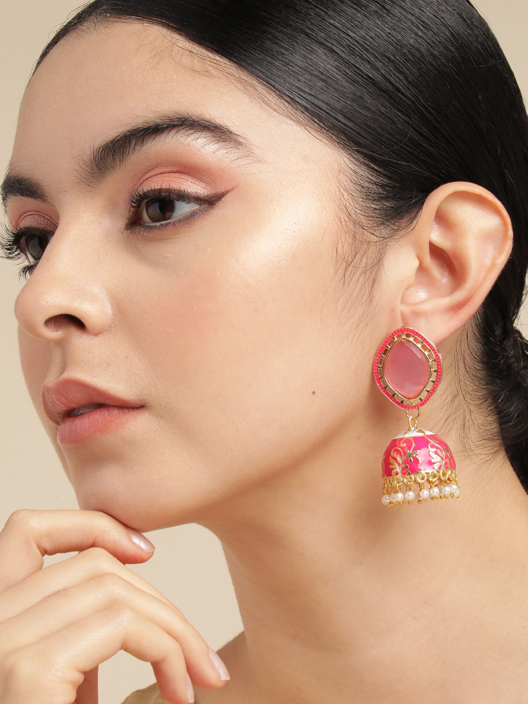 

Anouk Gold-Plated Beaded Dome Shaped Jhumkas Earrings, Pink