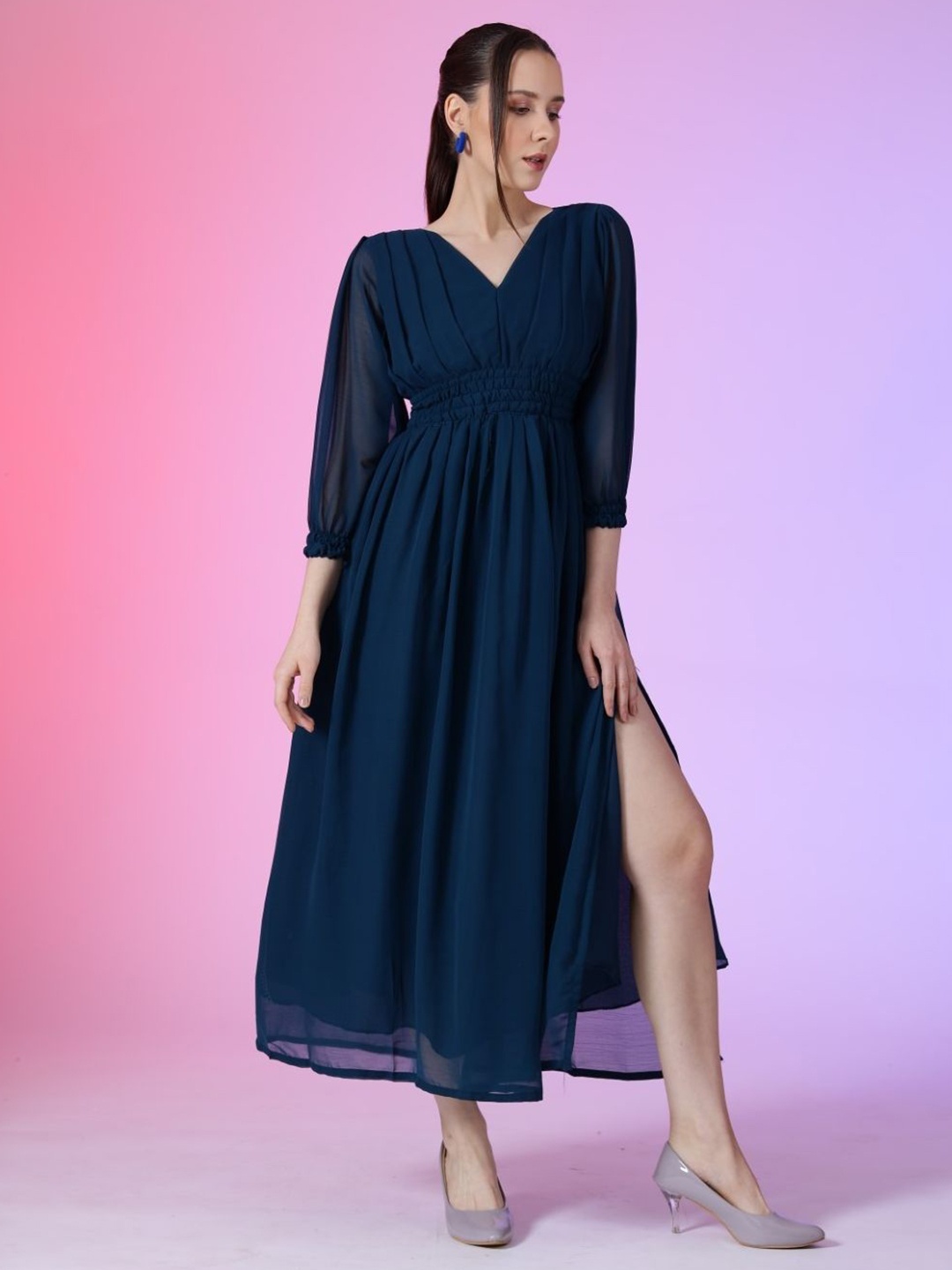 

Krunal Raiyani Women V-neck Fit & Flare Maxi Dress, Blue