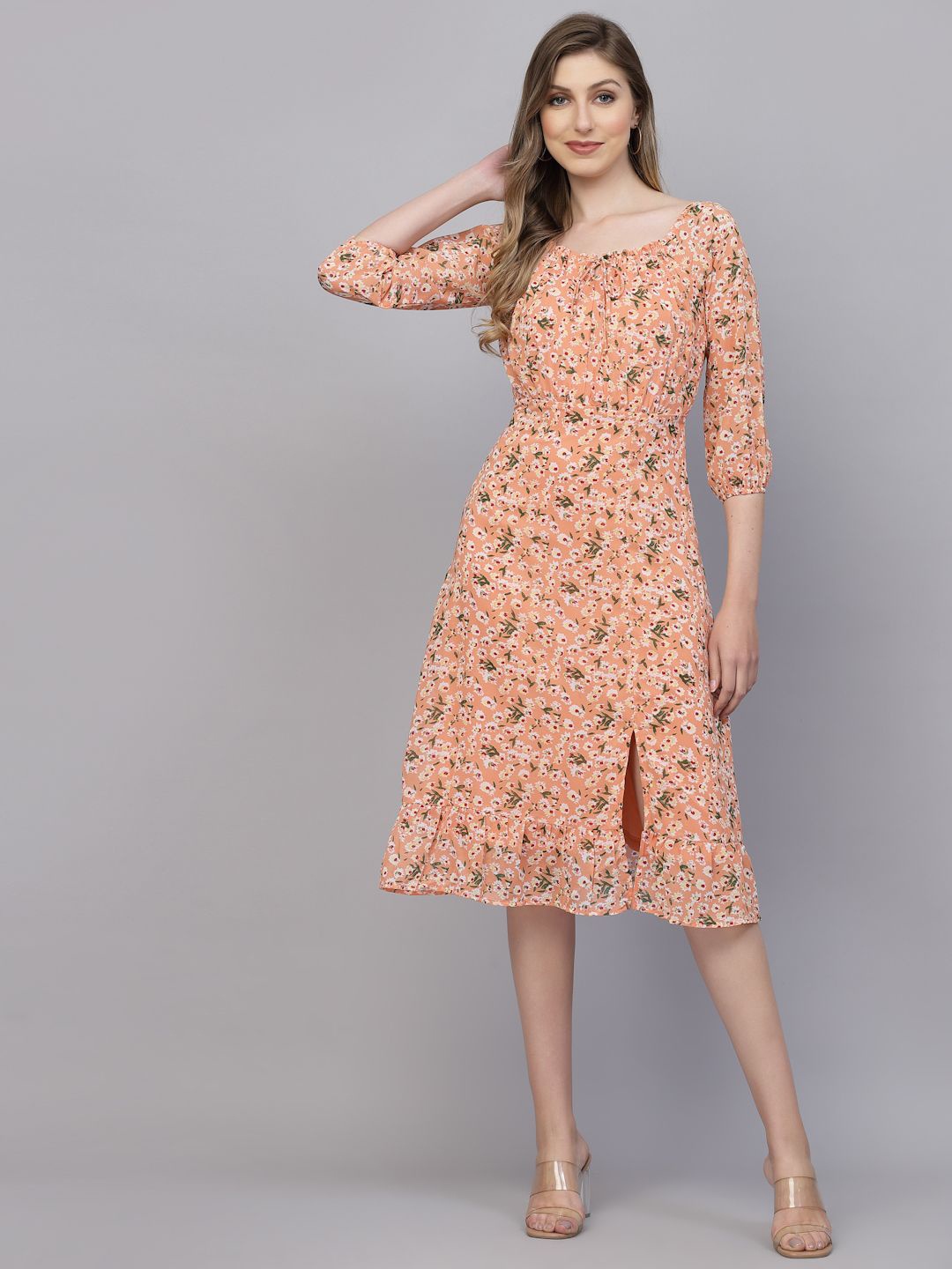 

aayu Women Floral Printed Tie-Up Neck Fit & Flare Midi Dress Cut-out detail, Orange
