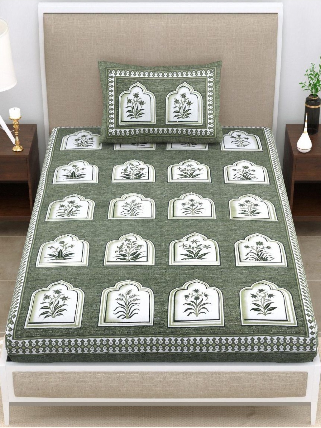 

UNIQCHOICE Green & White Floral Printed Cotton 120 TC Single Bedsheet Set 2.25 m x 1.5 m