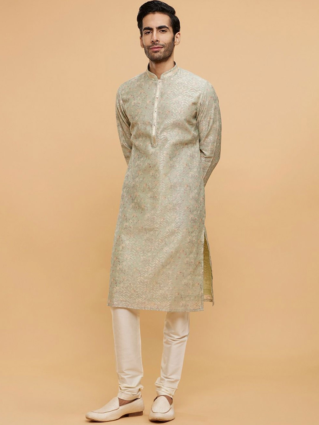 

Twamev Men Embroidered Regular Thread Work Chanderi Cotton Kurta with Churidar, Green