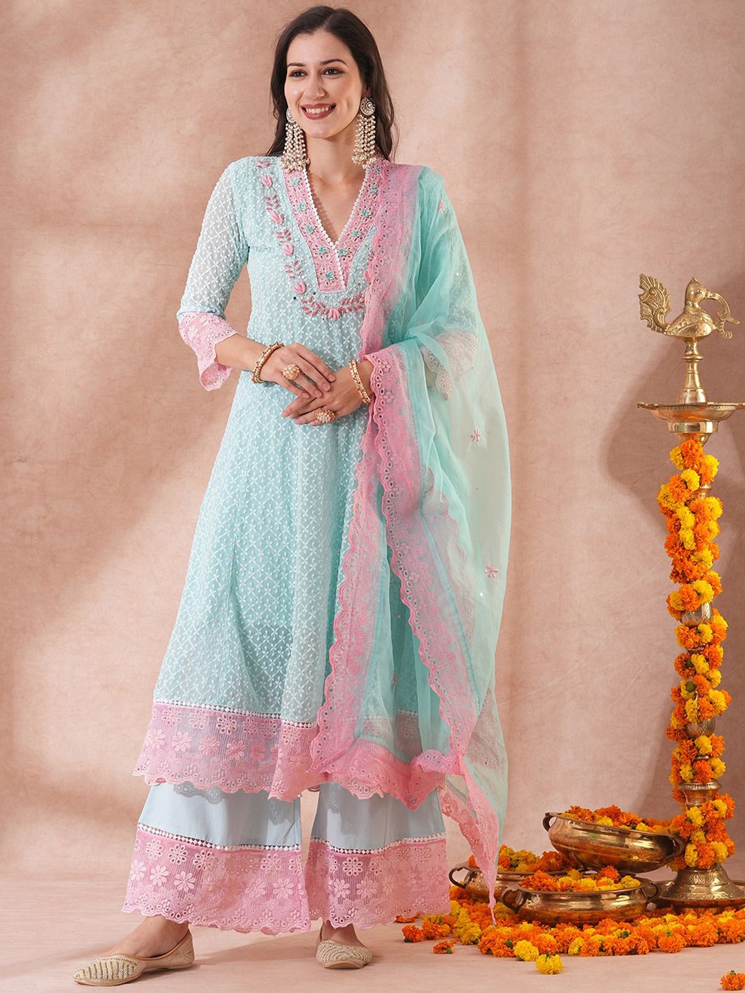 

FASHOR Women Ethnic Motifs Embroidered Panelled Beads and Stones Kurta with Palazzos & With Dupatta, Blue