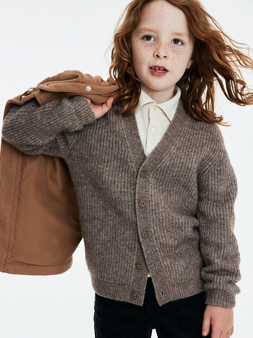 

H&M Girls Rib-Knit V - Neck Cardigan Sweater, Beige