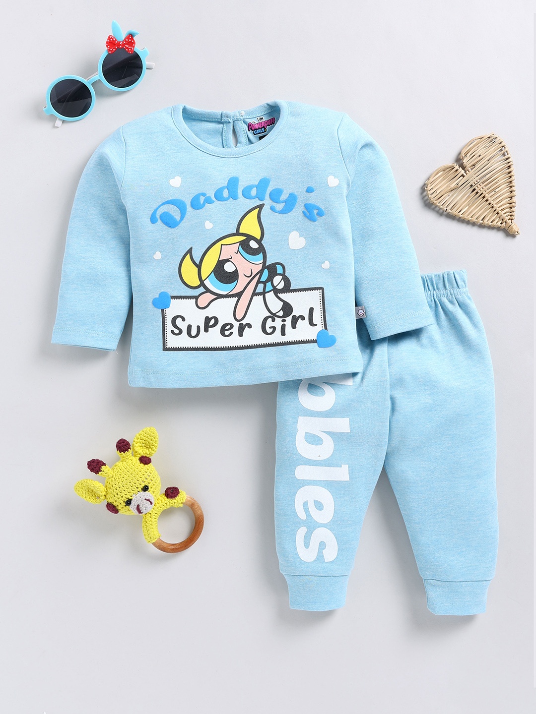 

YK X Tinyo Infant Girls Powerpuff G Printed Pure Cotton Top with Joggers, Blue