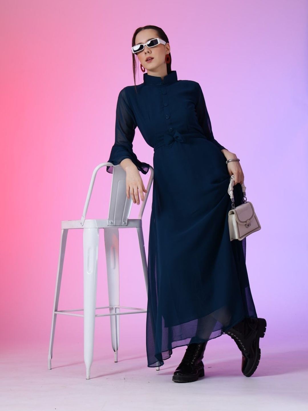 

Femvy Women Mandarin Collar Bell Sleeve Fit & Flare Maxi Dress, Blue