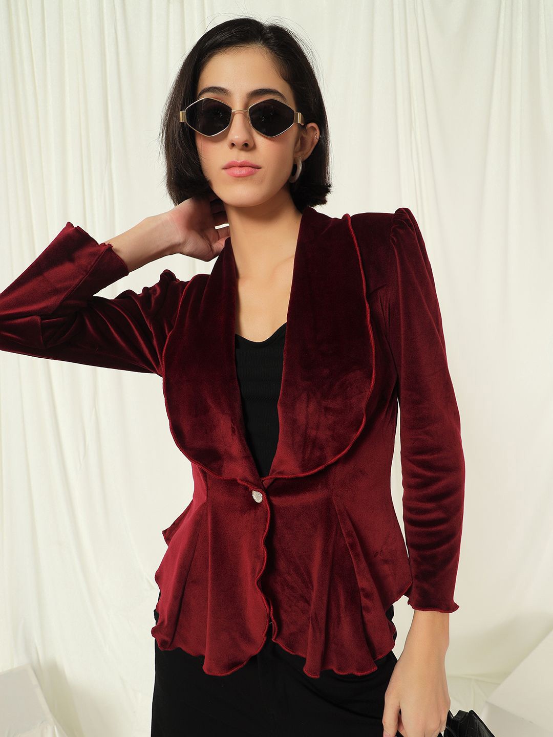 

TANDUL Puffed Sleeves Slim-Fit Single Breasted Blazer, Maroon
