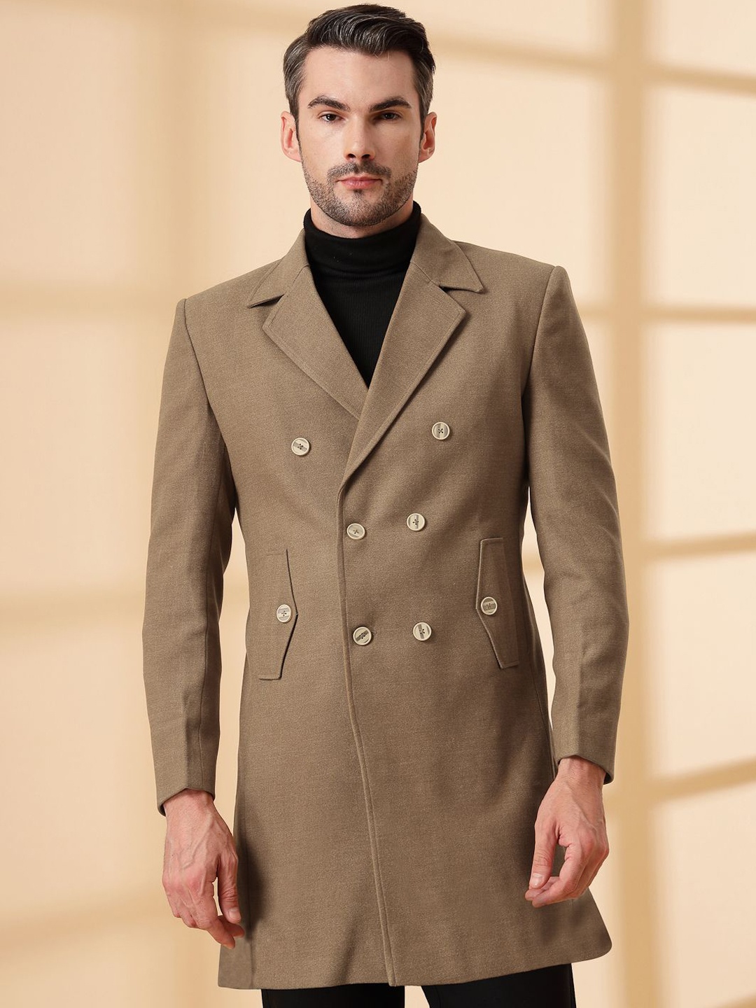 

KLOTTHE Notched Lapel Double Breasted Woollen Trench Coat, Brown
