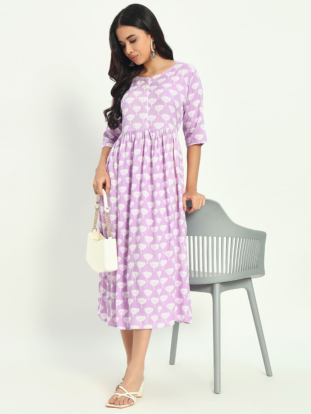 

ASHRU Floral Printed Round Neck Flared Dress, Purple