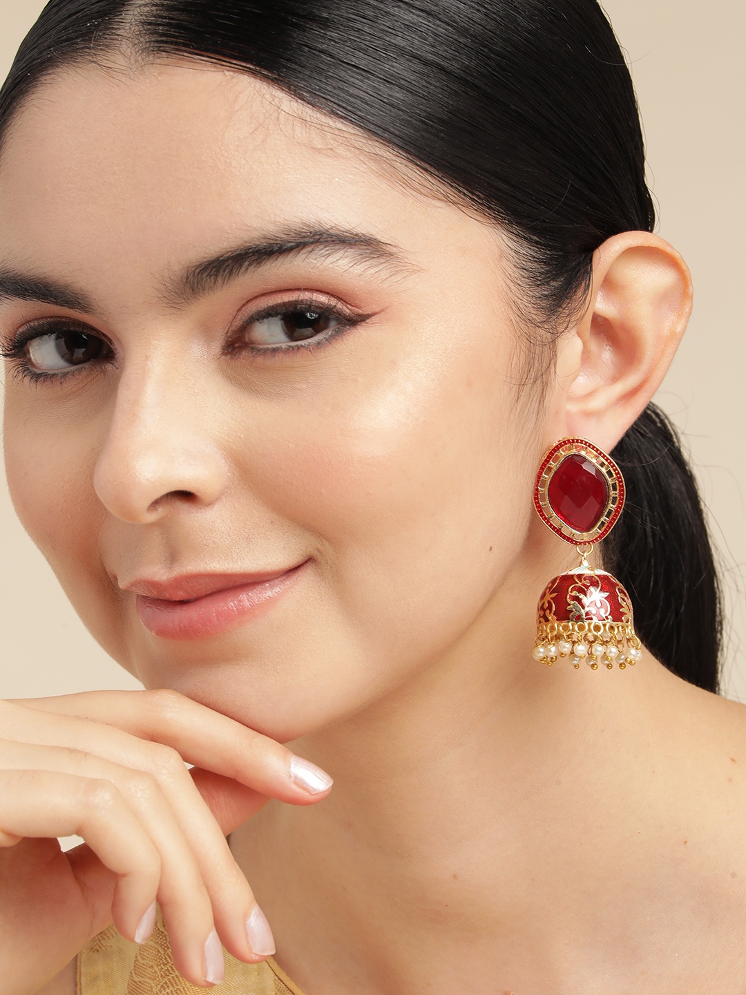 

Anouk Gold Plated Beaded Meenakari Dome Shaped Jhumkas Earrings, Maroon