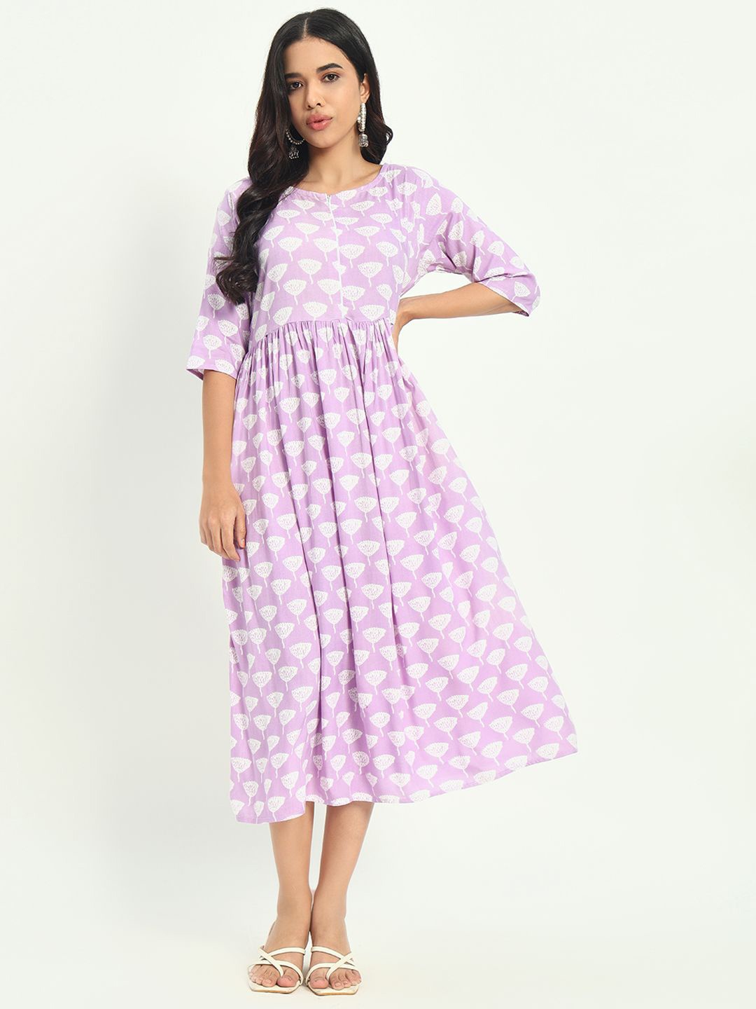 

KALINI Ethnic Motifs Printed Fit & Flare Midi Dress, Lavender