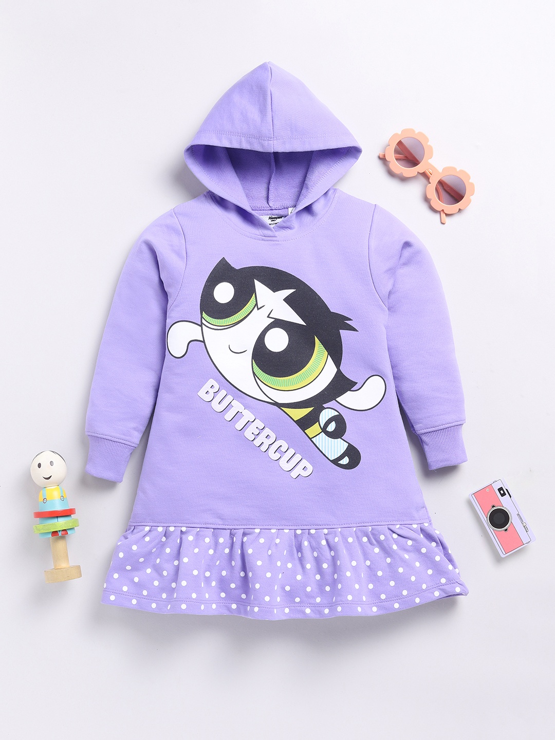 

YK X Minute Mirth Girls PowerPuff Printed A-Line Hooded Dress, Mauve