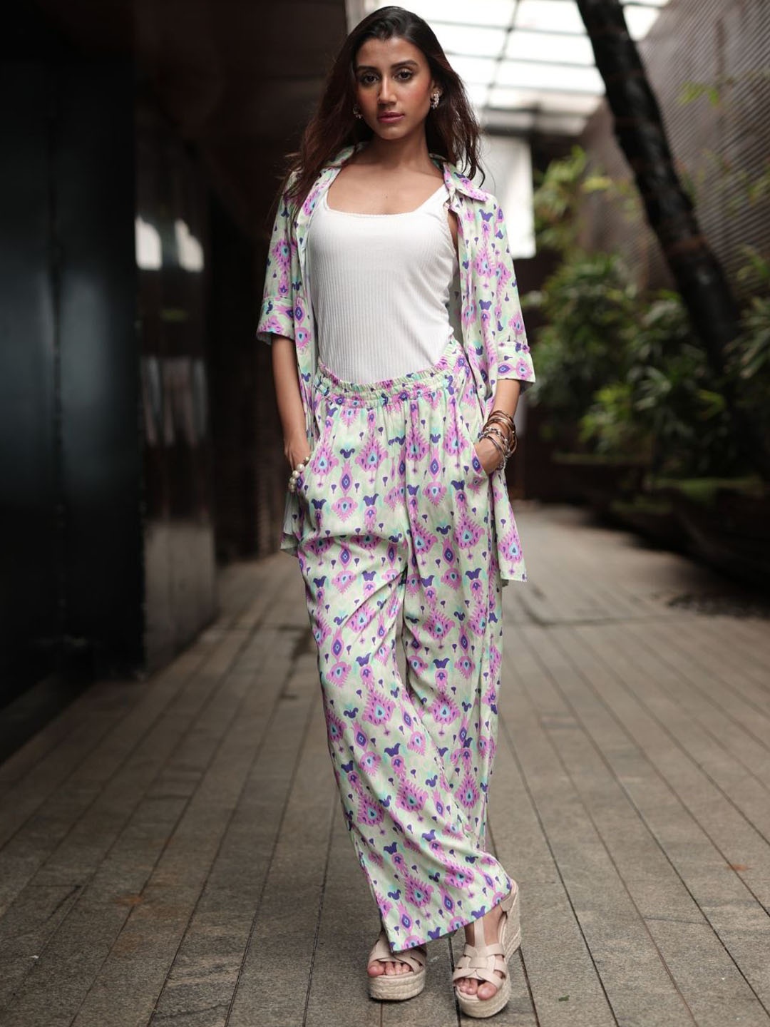 

Svamsa Printed Shirt Collar Shirt With Trousers Co-Ords Set, Pink