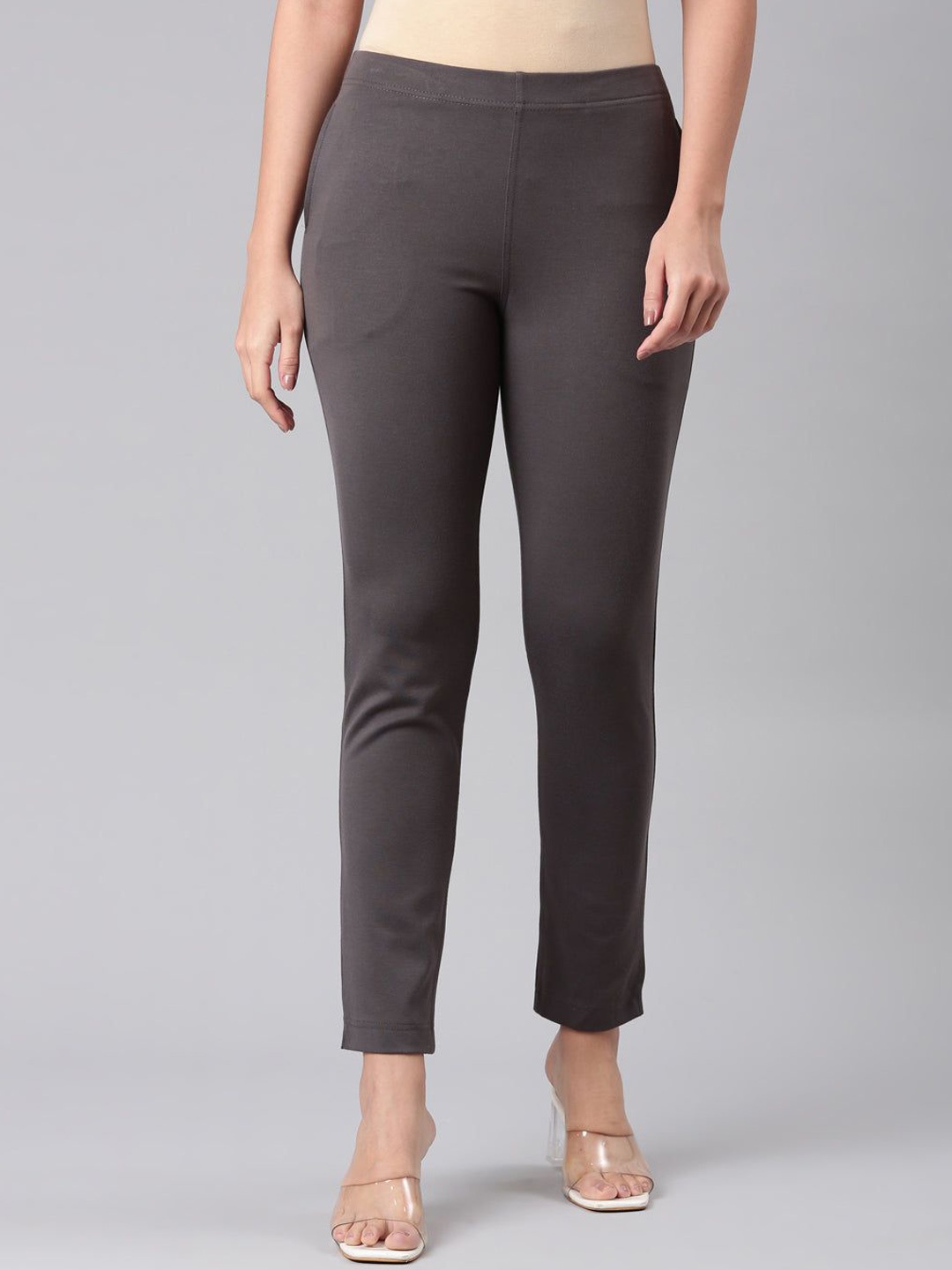 

Go Colors Women Mid-Rise Slim Fit Cigarette Trousers, Grey