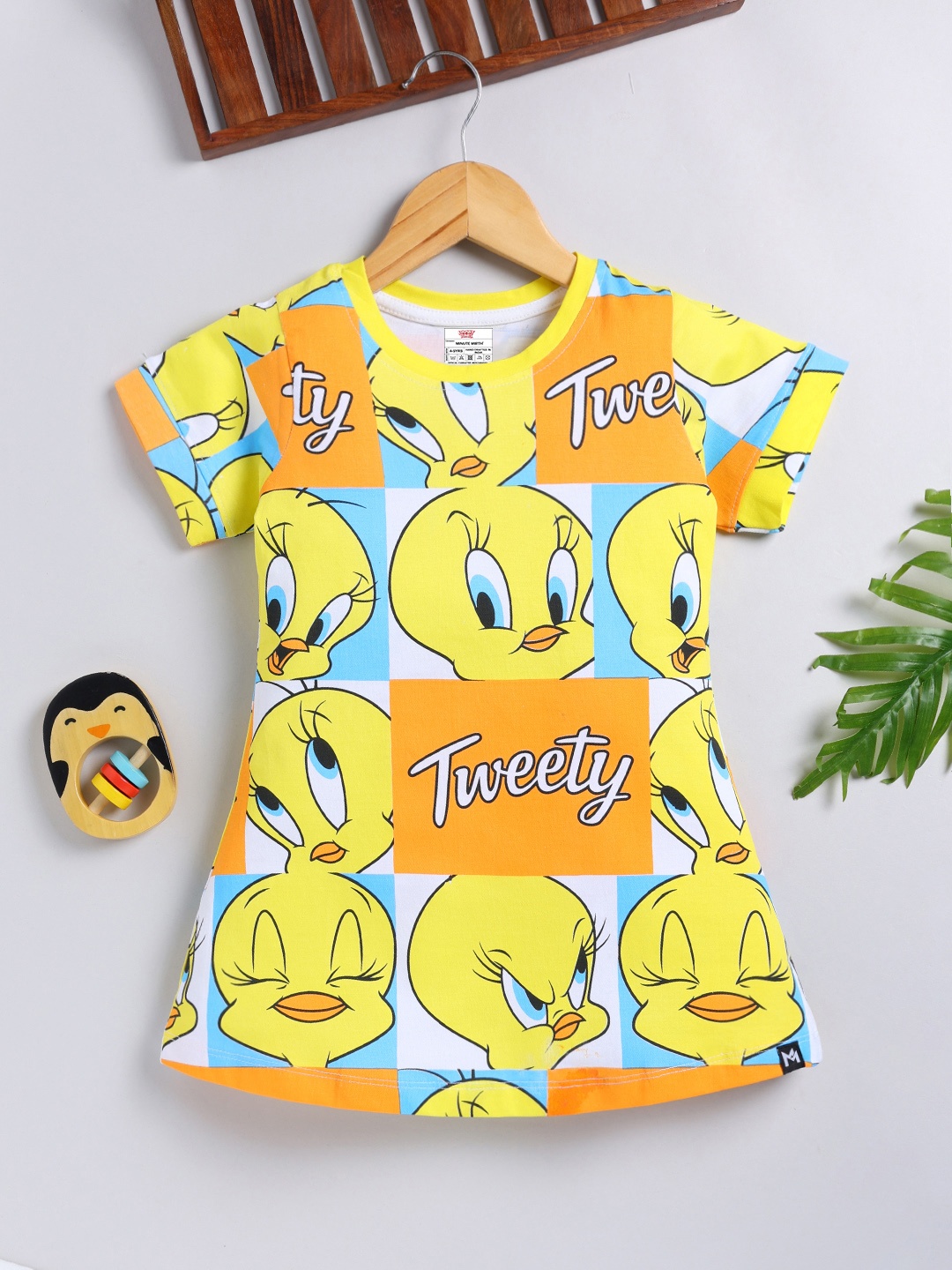 

YK X Minute Mirth Girls Tweety Printed Pure Cotton A-Line Dress, Yellow