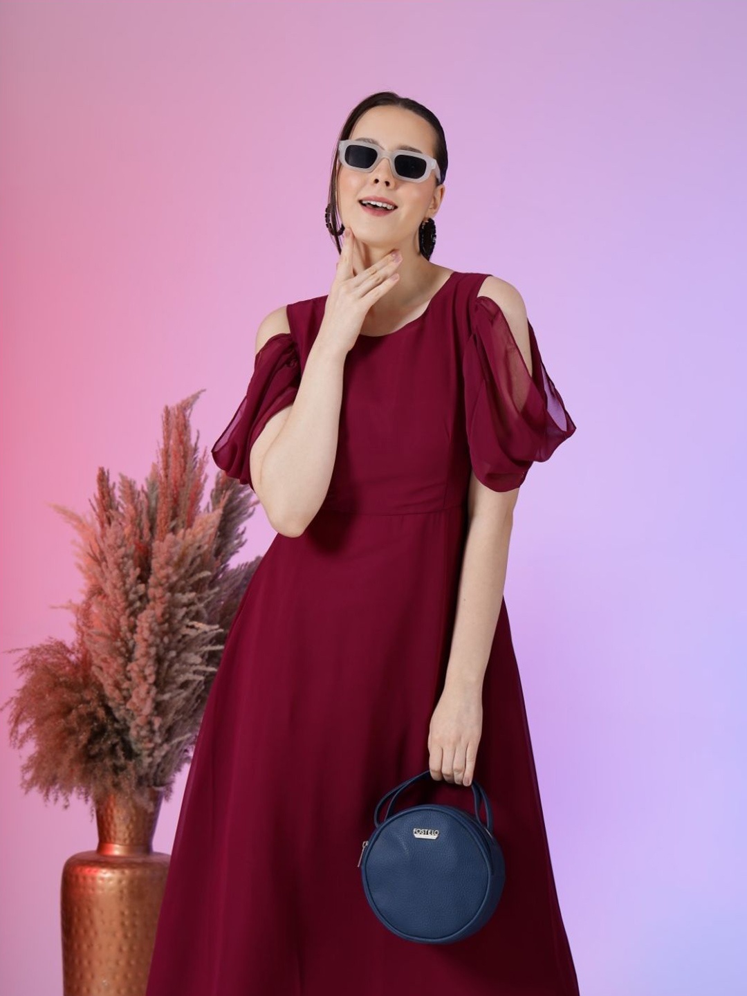 

Femvy Women Cold Shoulder Sleeves Fit & Flare Maxi Dress, Magenta