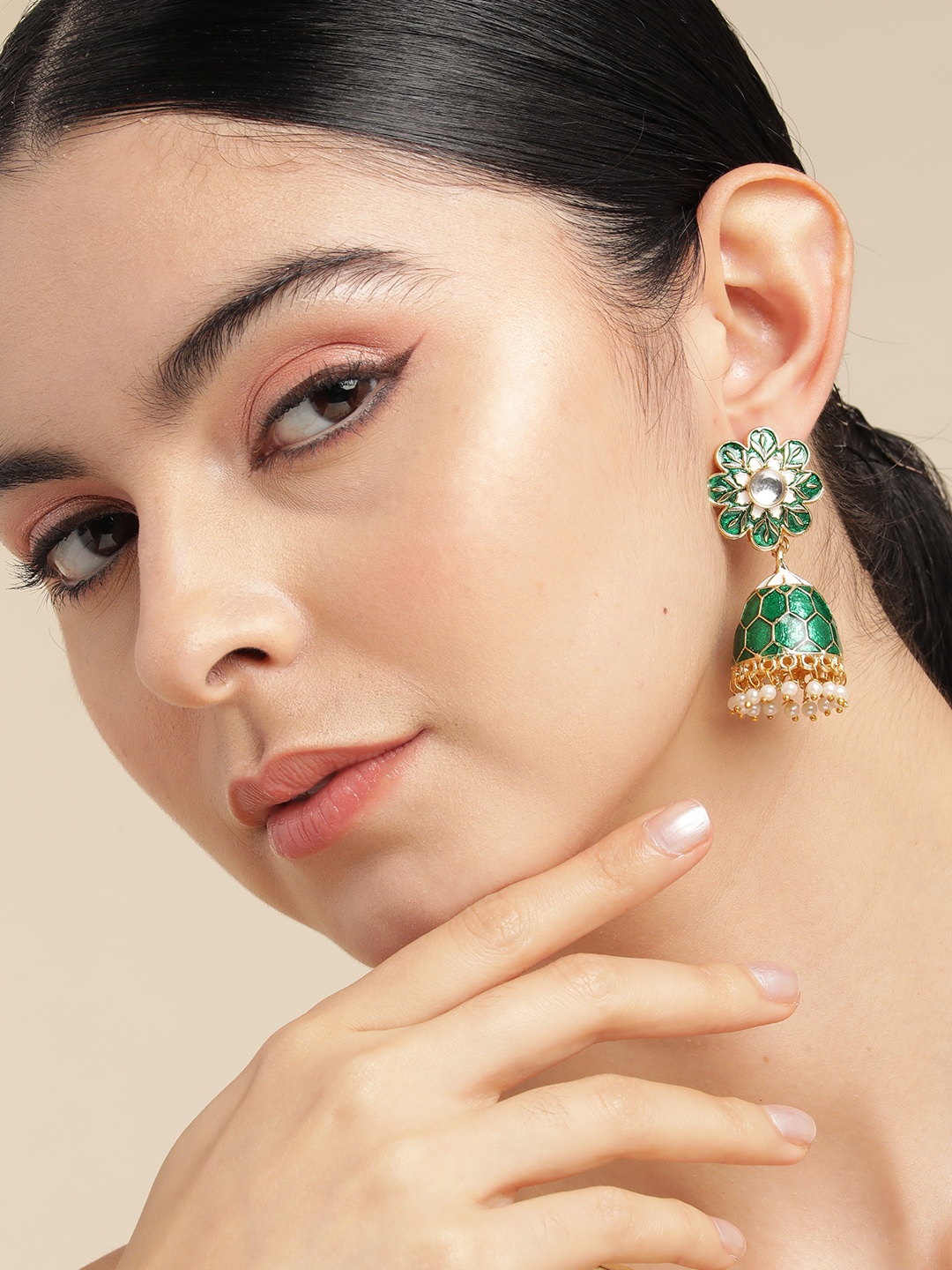 

Anouk Gold Plated Artificial Stones and Beads Meenakari Jhumkas Earrings, Green