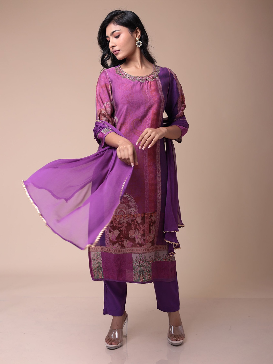 

ZARI Women Ethnic Motifs Embroidered Regular Beads and Stones Kurta with Trousers & With Dupatta, Purple