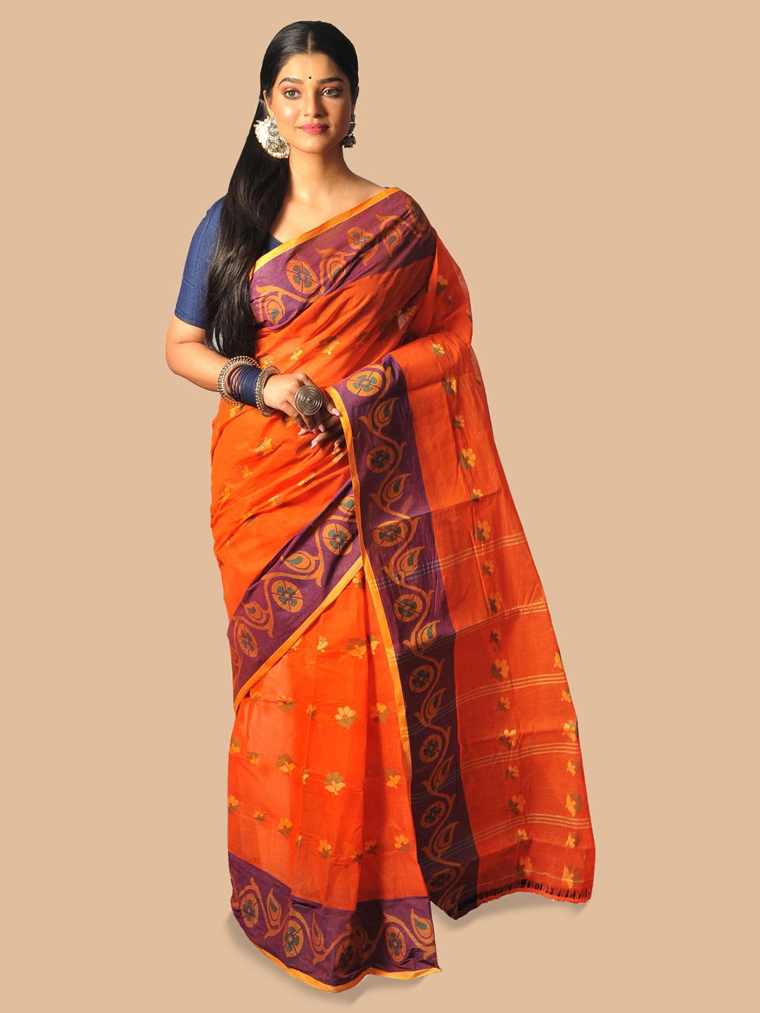

RAJ SAREE HOUSE Woven Design Pure Cotton Taant Saree, Orange