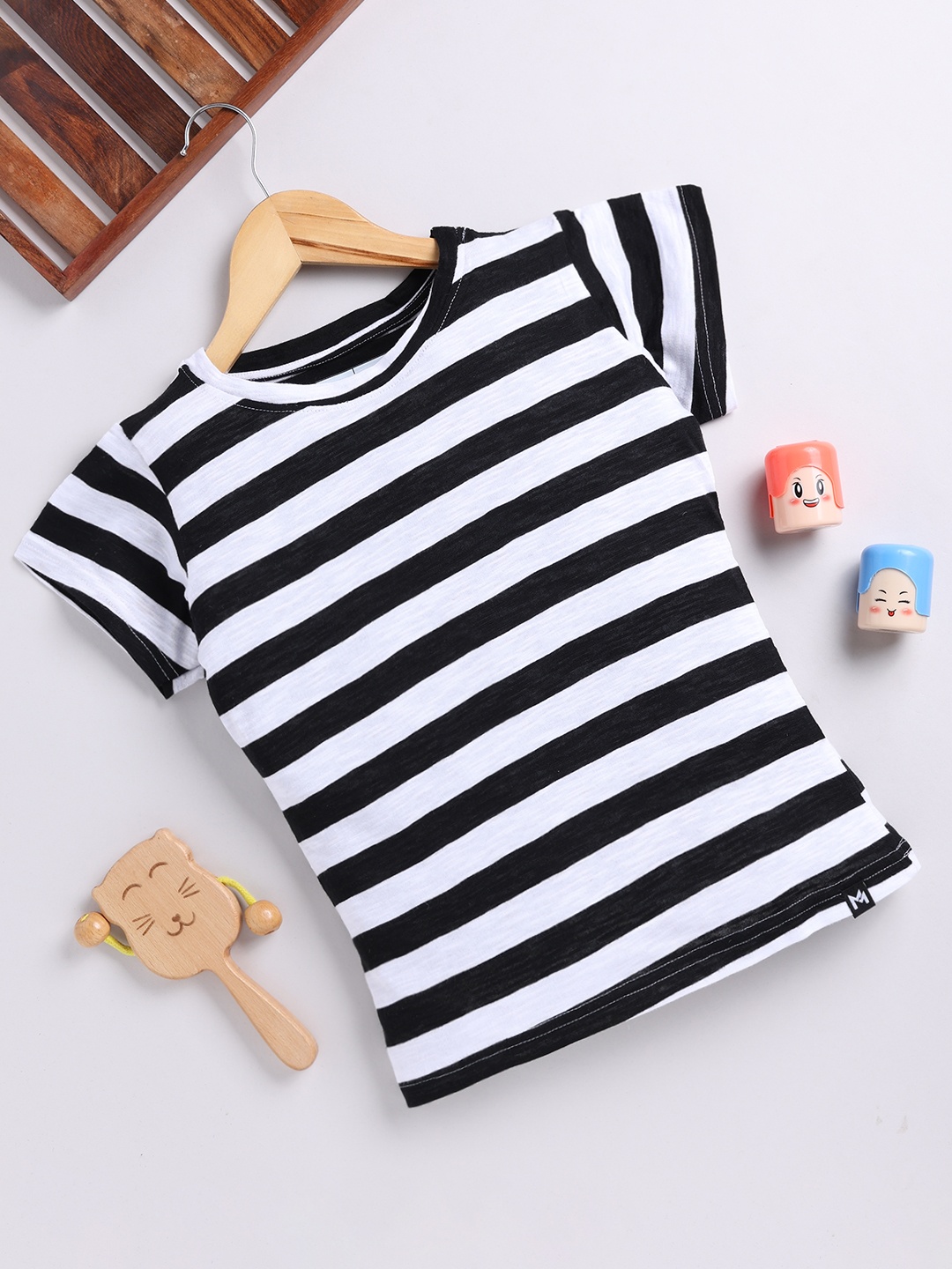 

YK X Minute Mirth Girls Striped Pure Cotton T-shirt, Black