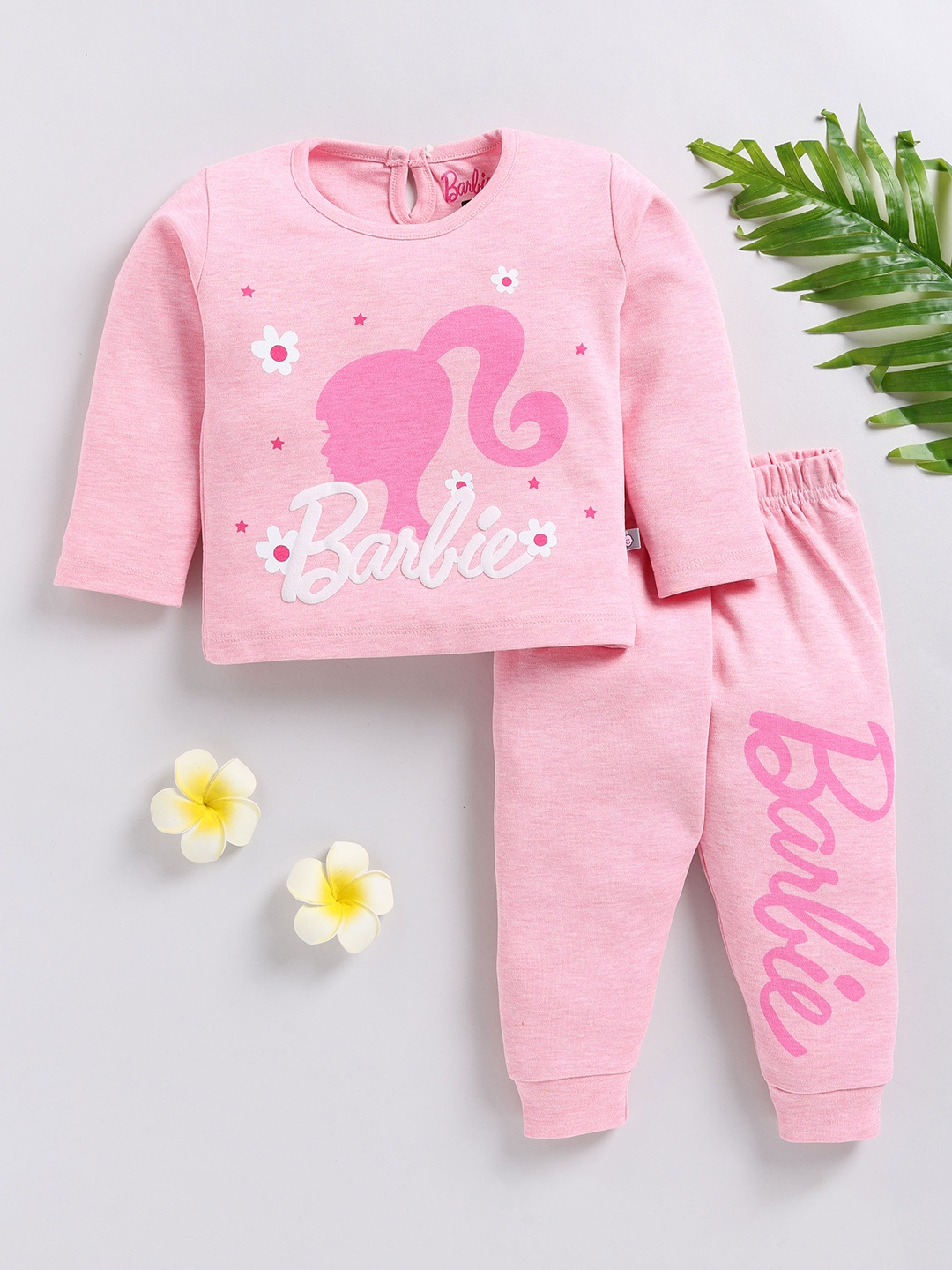 

YK X Tinyo Infant Girls Barbie Printed Pure Cotton Top with Joggers, Pink