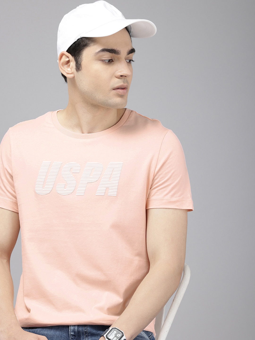 

U.S. Polo Assn. Pure Cotton Brand Logo Printed Slim Fit T-shirt, Peach