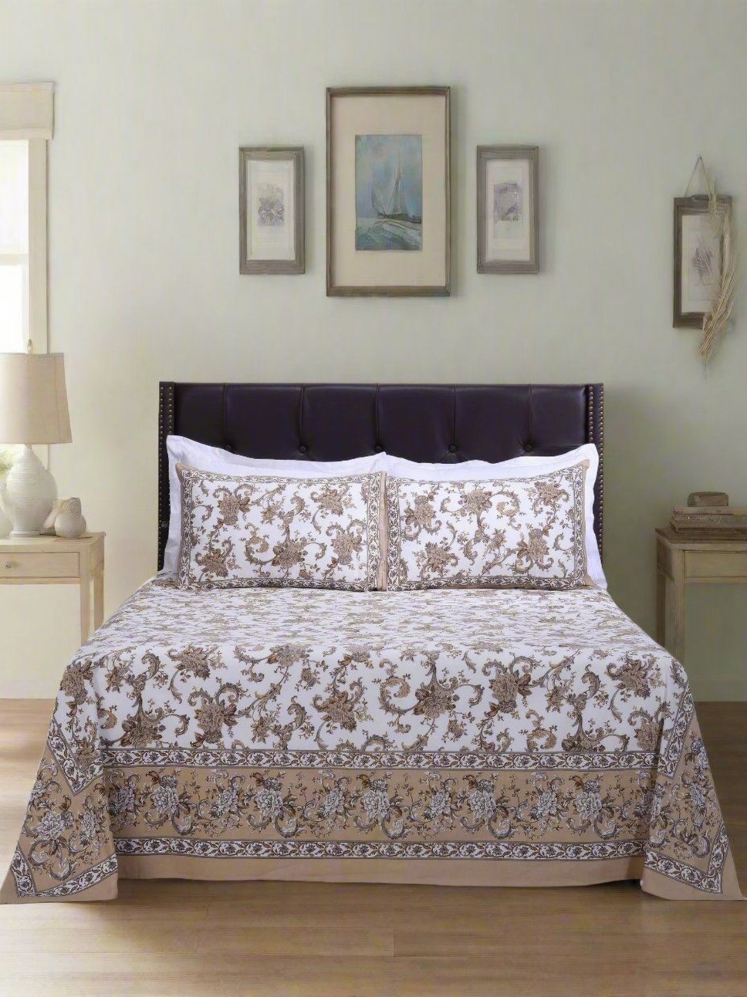 

SHAHENAZ White & Beige Floral Cotton 120 TC Queen Bedsheet with 2 Pillow Covers