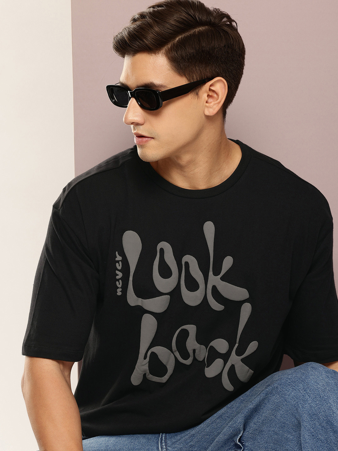 

Kook N Keech Typography Printed Drop-Shoulder Sleeves Pure Cotton Oversized T-shirt, Black