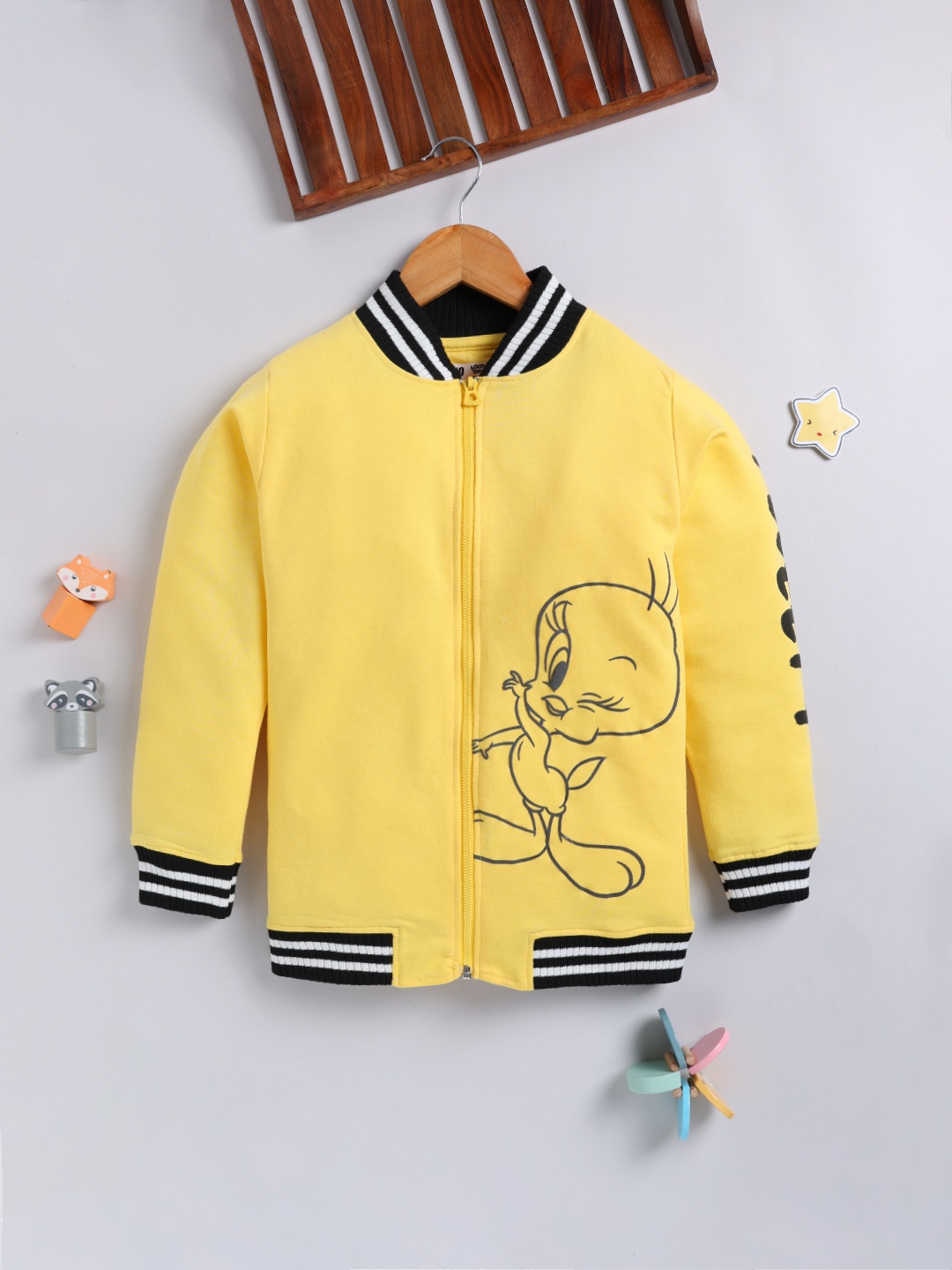

YK X Minute Mirth Girls Tweety Printed Varsity Jacket, Yellow