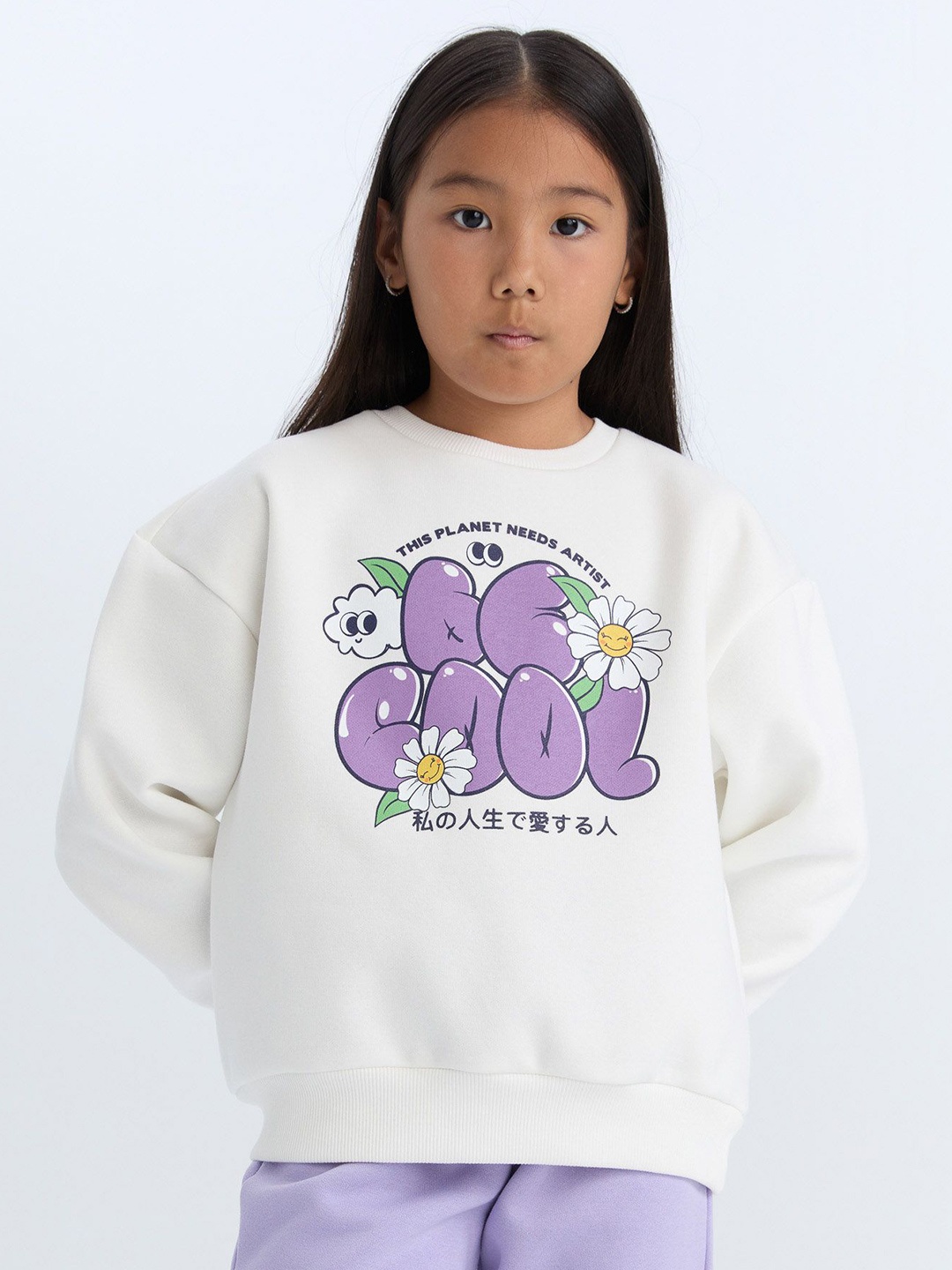 

DeFacto Girls Graphic Printed Round Neck Pullover Sweater, White