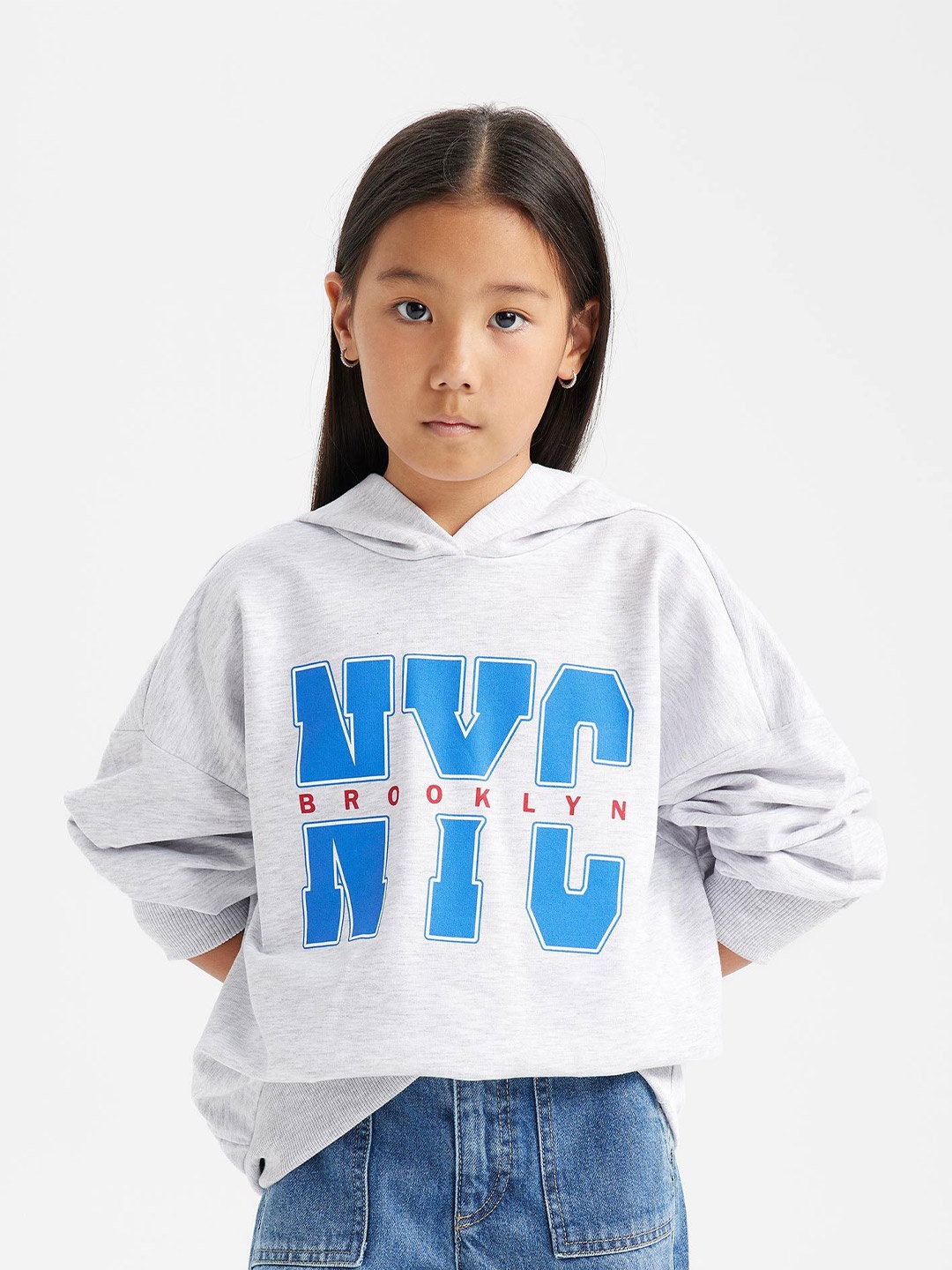 

DeFacto Girls Typography Printed Cotton Hooded Pullover, White