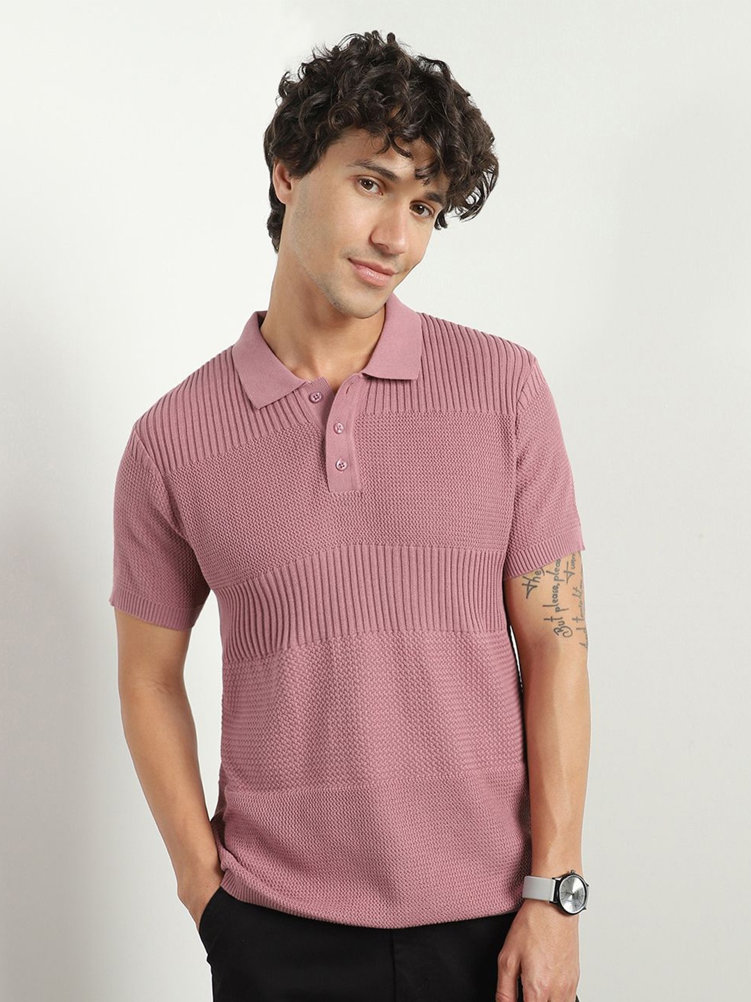 

NOBERO Men Textured Self Design Polo Collar T-shirt, Rose