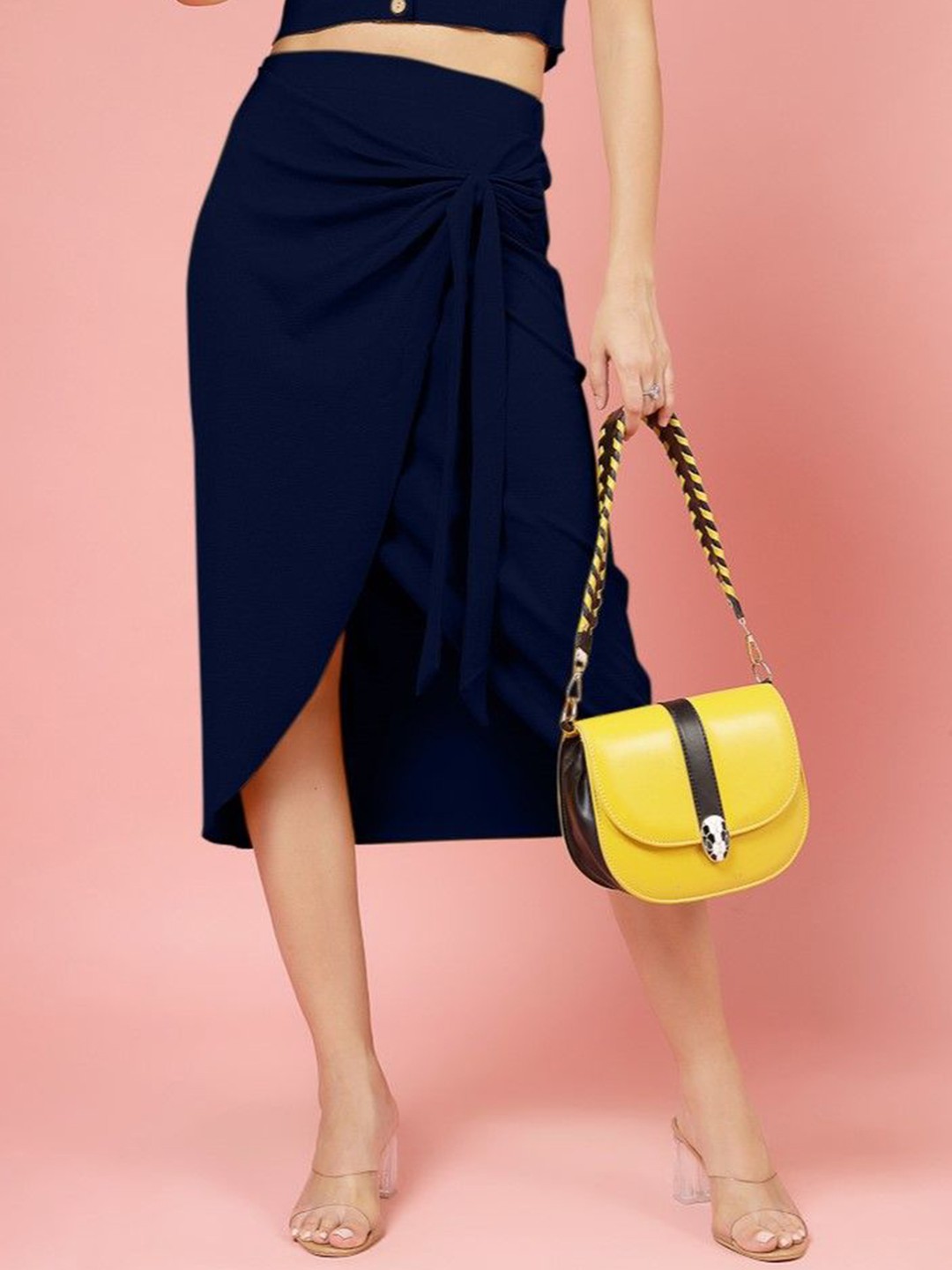 

Oomph! Wrap Knee Length Skirt With Knot, Blue