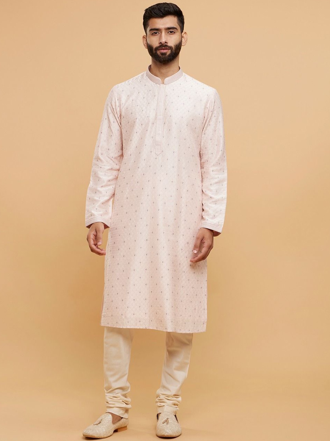 

Twamev Men Embroidered Regular Thread Work Kurta with Churidar, Peach