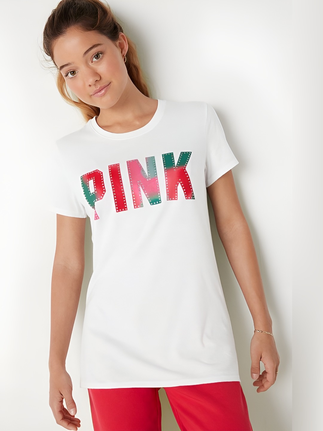 

Victoria's Secret Women Typography Printed Round Neck Cotton T-shirt, White